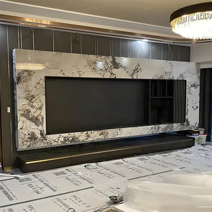 Nicho de exibição personalizado em aço inoxidável para parede de fundo de TV, com prateleiras de armazenamento e iluminação LED, para projetos de sala de estar.