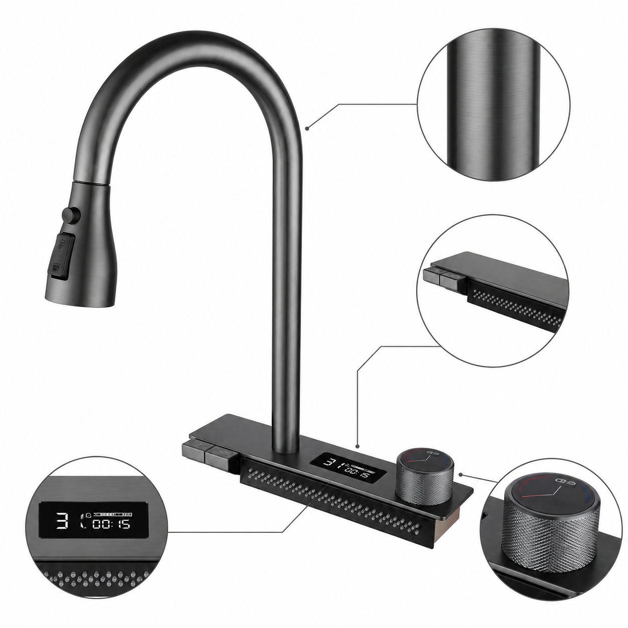 Dark brushed multifunction kitchen faucet with highlighted details of finish, display panel, control buttons, and rotary knob.