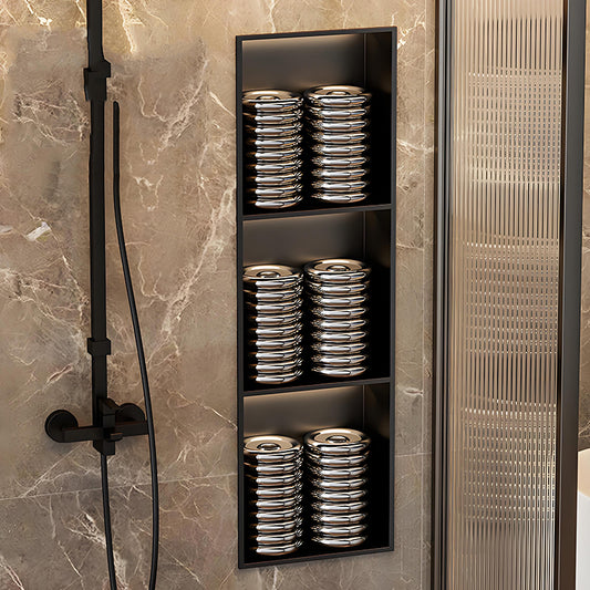 Custom Dark Stainless Steel LED Shower Niche with Deep Recessed Towel and Bathroom Storage Design