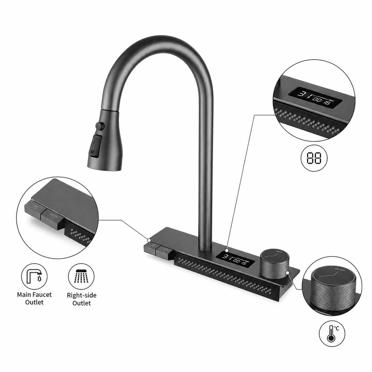 Digital display multifunction kitchen faucet with pull-out spray head, control buttons, temperature knob, and integrated outlet panel.