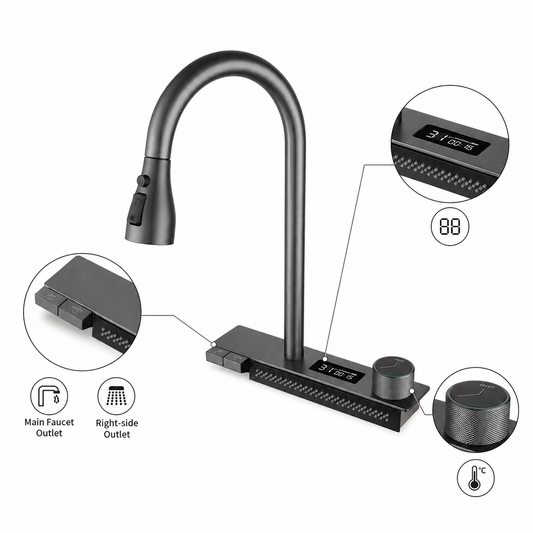 Digital display multifunction kitchen faucet with pull-out spray head, control buttons, temperature knob, and integrated outlet panel.