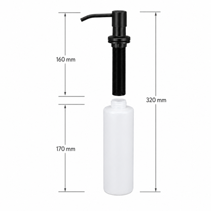 Dimension image of a black kitchen sink soap dispenser showing 160 mm visible height, 170 mm bottle height, and 320 mm overall height.
