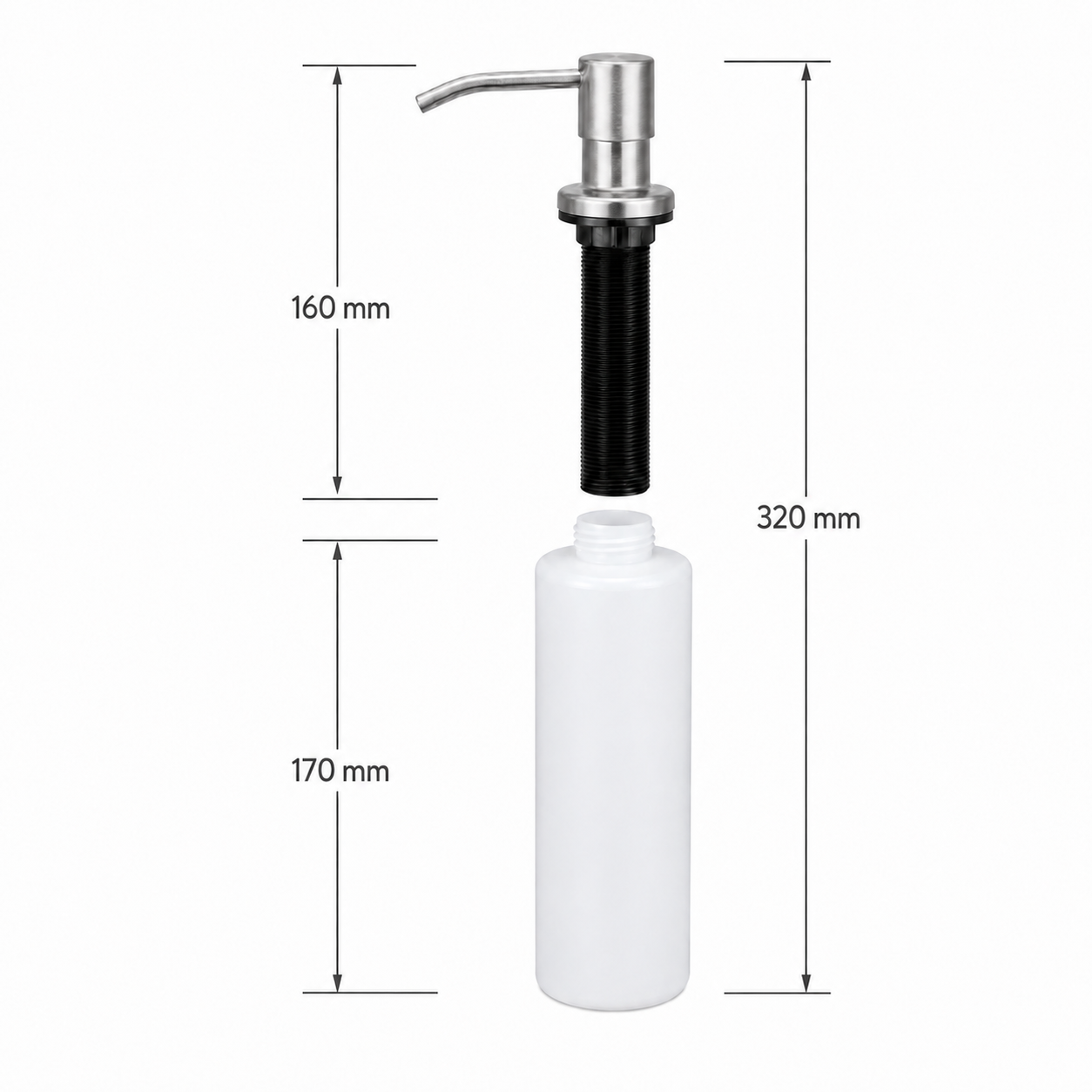 Dimension image of a brushed 304 stainless steel soap dispenser showing 160 mm visible height, 170 mm bottle height, and 320 mm overall height.