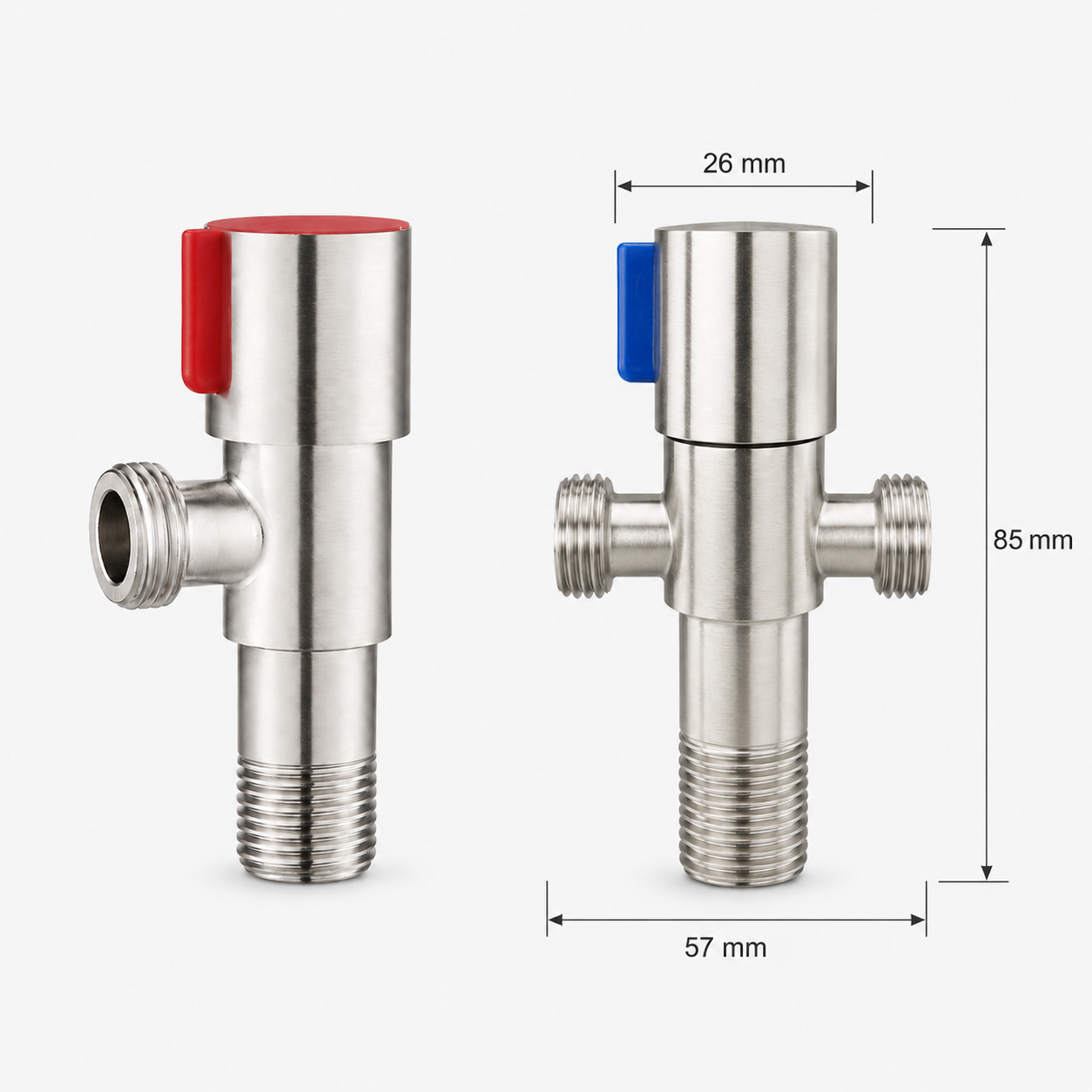 Dimension image of stainless steel angle valves showing 26 mm top knob diameter, 85 mm overall height, and 57 mm overall width.