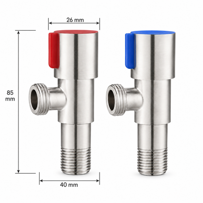 Dimension image of stainless steel two-way angle valve set showing 26 mm top knob diameter, 85 mm overall height, 40 mm width, red hot water marker, and blue cold water marker.