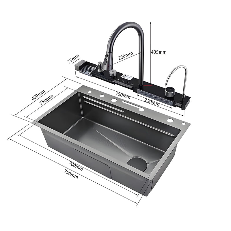 Dimension view of a smart stainless steel kitchen sink showing a sample 750mm by 460mm layout with high-arc faucet, auxiliary faucet, rear control panel, and large single-bowl structure.