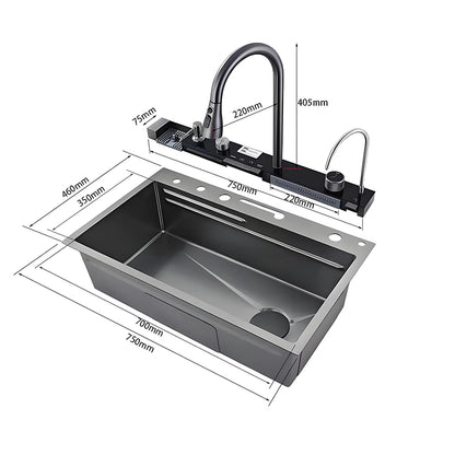 Dimension view of a smart stainless steel kitchen sink showing a sample 750mm by 460mm layout with high-arc faucet, auxiliary faucet, rear control panel, and large single-bowl structure.