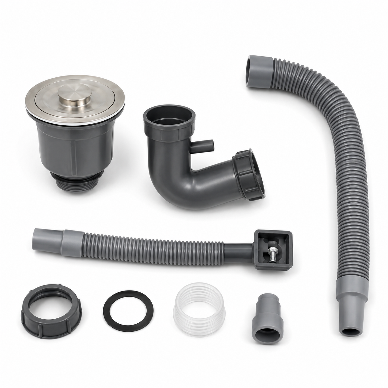 Disassembled V-type kitchen sink drain pipe set showing the stainless steel drain unit, plastic trap body, flexible drain hoses, sealing ring, nut, and connection fittings.