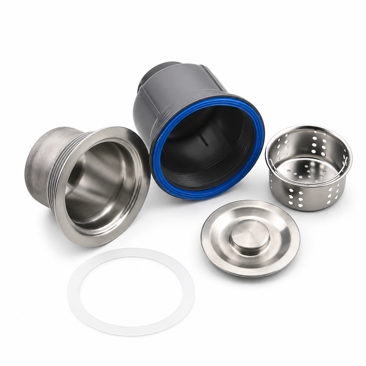 Disassembled kitchen sink drain components including stainless steel inner liner, grey PP housing, basket strainer, stainless steel cover, and sealing gasket.