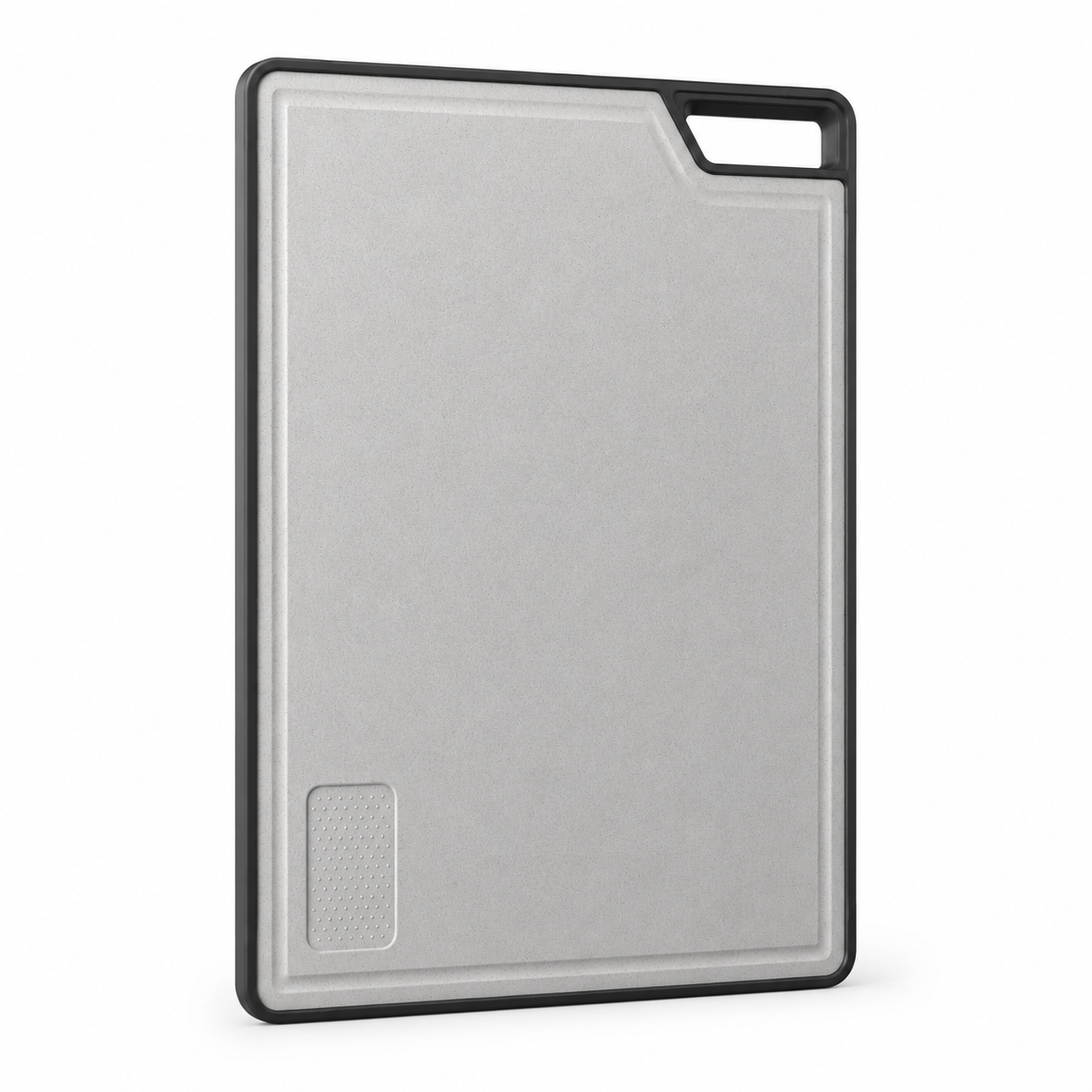 Double-sided sliding cutting board for multifunction kitchen sink, showing the light grey wheat fiber surface, black protective frame, raised edge, and integrated handle opening.