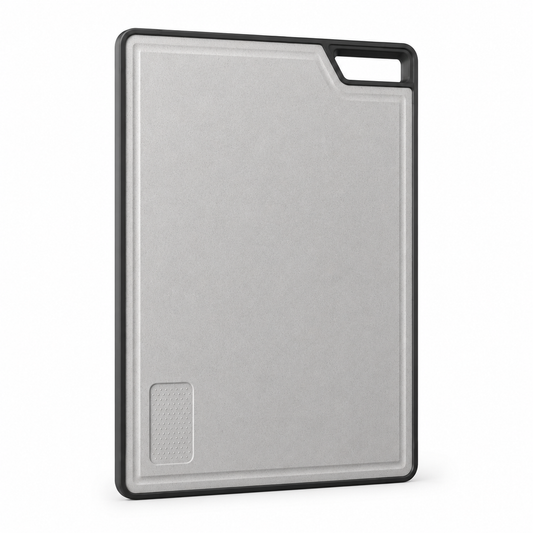 Double-sided sliding cutting board for multifunction kitchen sink, showing the light grey wheat fiber surface, black protective frame, raised edge, and integrated handle opening.