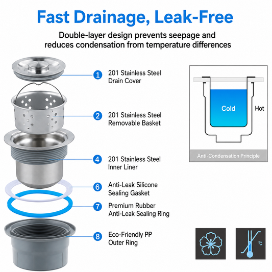 Exploded view of a kitchen sink drain strainer showing the stainless steel drain cover, removable basket, inner liner, sealing rings, and PP outer body with anti-leak and anti-condensation structure.