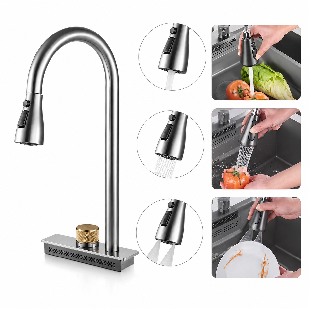Feiyu multifunction sink faucet showing three water outlet modes and practical kitchen washing applications.