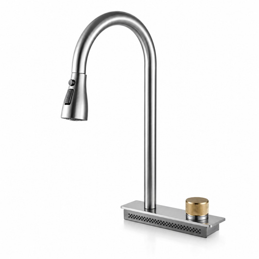 Feiyu multifunction sink pull-out kitchen faucet with high-arc spout and control knob for temperature and water flow adjustment.