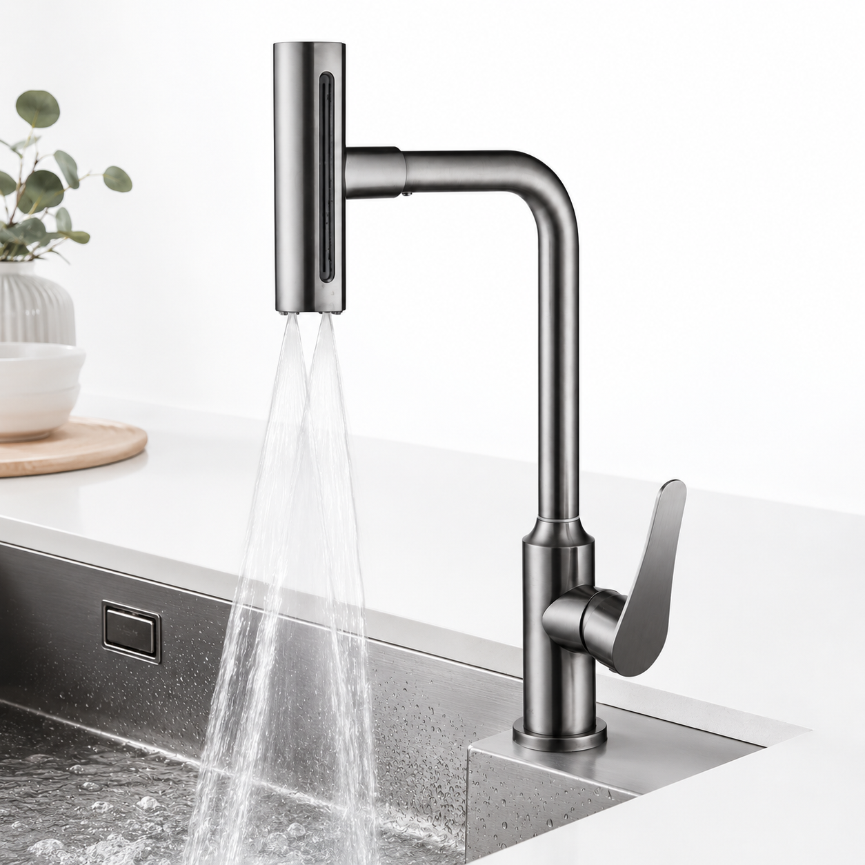 Feiyu pull-out faucet showing dual spray water outlet mode for kitchen cleaning use