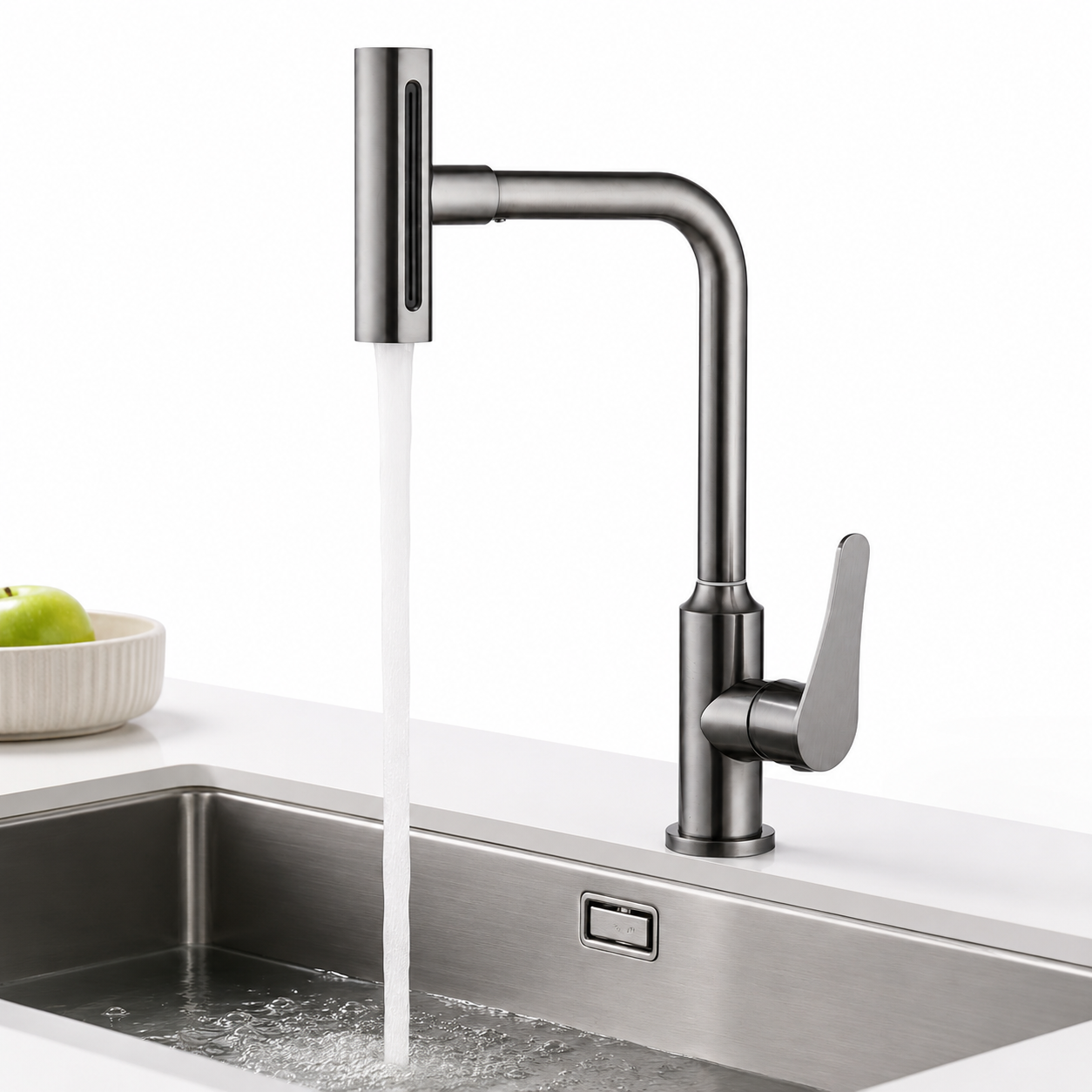 Feiyu waterfall kitchen faucet with straight water outlet mode installed on a sink countertop.