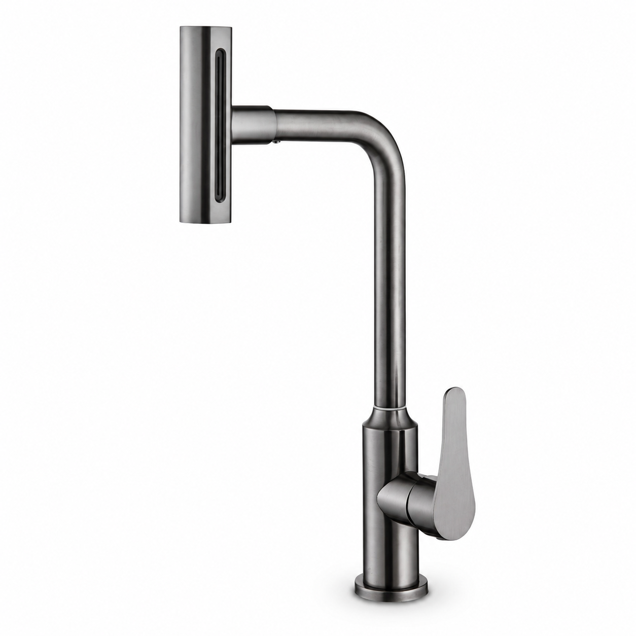 Feiyu waterfall pull-out kitchen faucet product image in dark brushed gray finish.