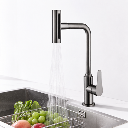Feiyu waterfall pull-out kitchen faucet with spray mode for washing fruits and vegetables.