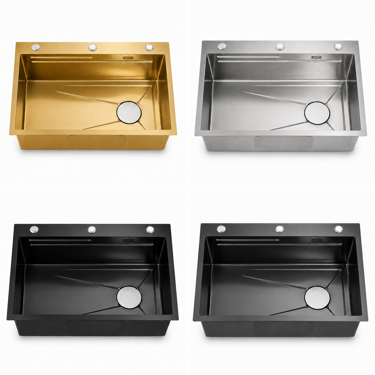 Four finish options of a single bowl stainless steel kitchen sink displayed in gold, brushed silver, matte black, and gunmetal black with three accessory holes and round drain cover.