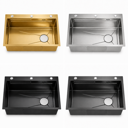 Four finish options of a single bowl stainless steel kitchen sink displayed in gold, brushed silver, matte black, and gunmetal black with three accessory holes and round drain cover.