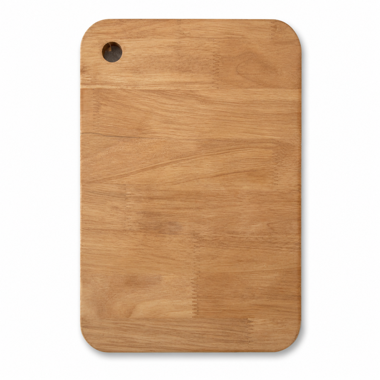 Front view of a natural wood cutting board for multifunctional sink use, showing rounded corners, visible wood grain, and a corner hole for handling or hanging.