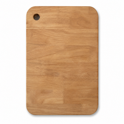 Front view of a natural wood cutting board for multifunctional sink use, showing rounded corners, visible wood grain, and a corner hole for handling or hanging.