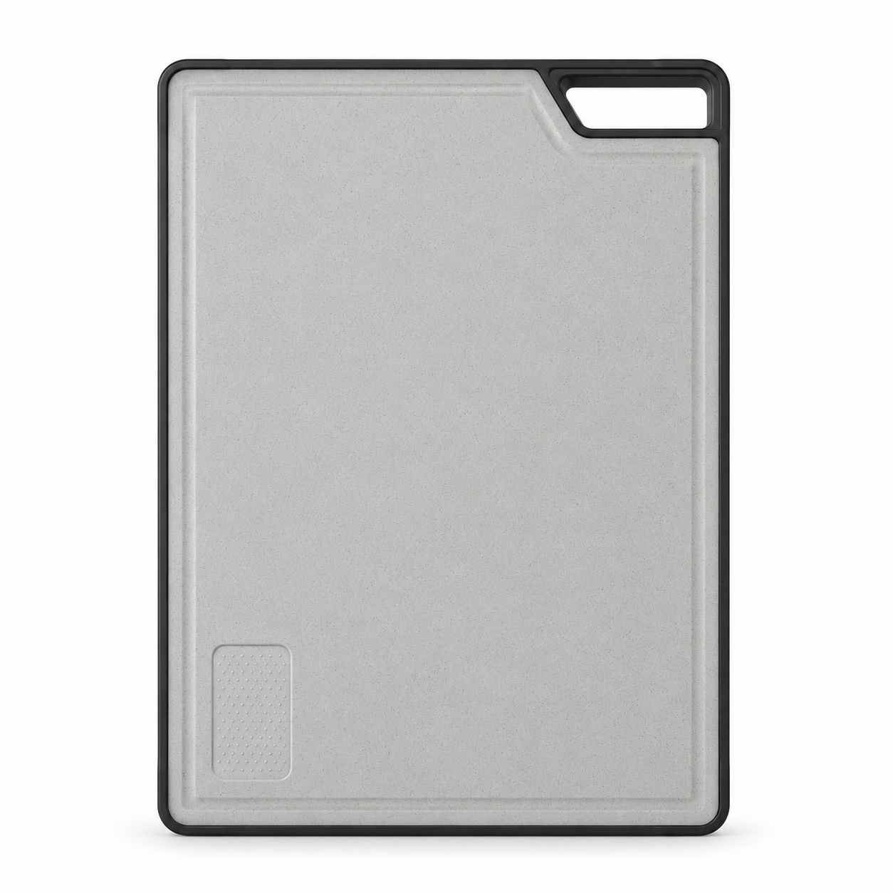 Front view of the wheat fiber side of a sliding cutting board for multifunction kitchen sinks, featuring a grey cutting surface, raised border, black frame, and handle cutout.