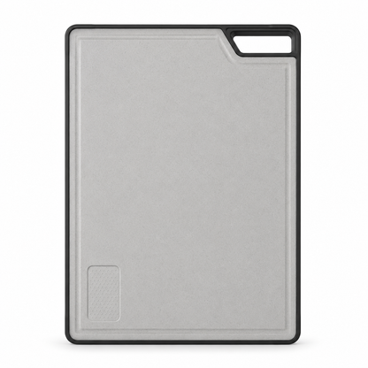 Front view of the wheat fiber side of a sliding cutting board for multifunction kitchen sinks, featuring a grey cutting surface, raised border, black frame, and handle cutout.