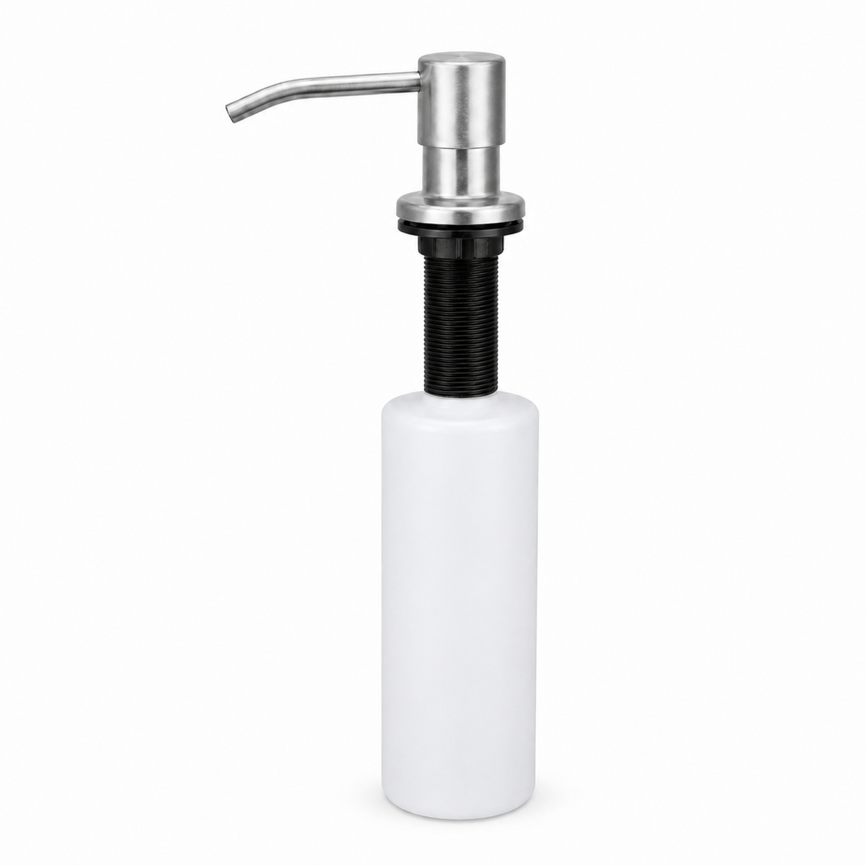 Full product image of a brushed kitchen sink soap dispenser with under-counter refill bottle for dispensing dishwashing liquid in daily kitchen use.