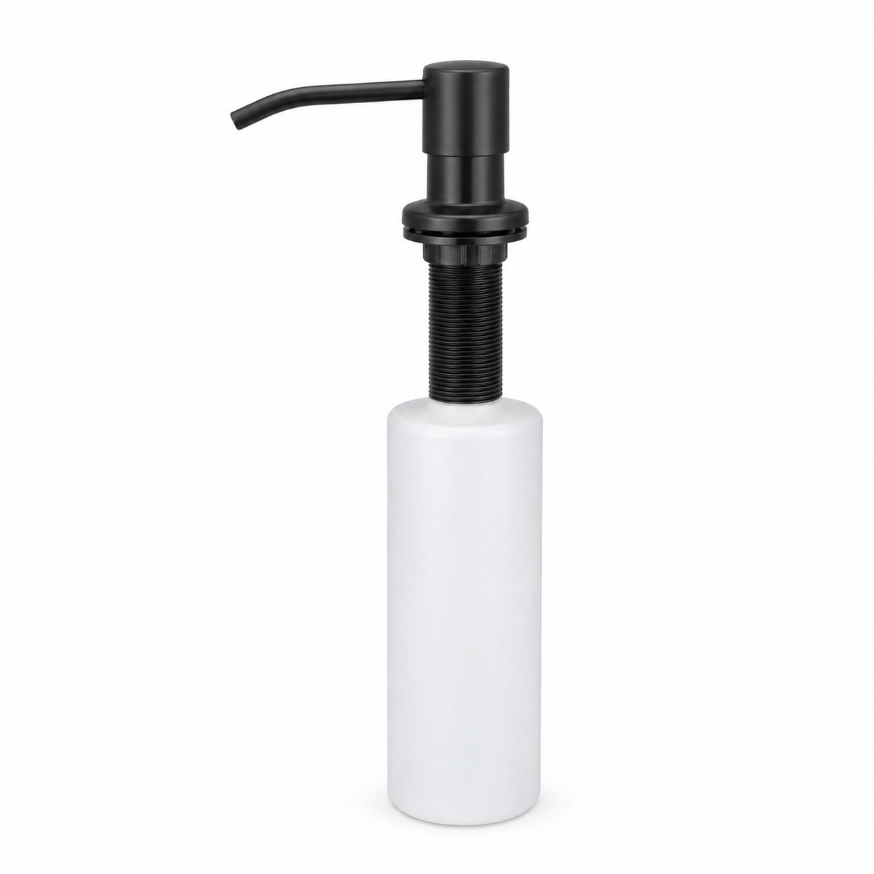 Full view of a black sink-mounted soap dispenser with under-counter refill bottle for dish soap and liquid detergent use.