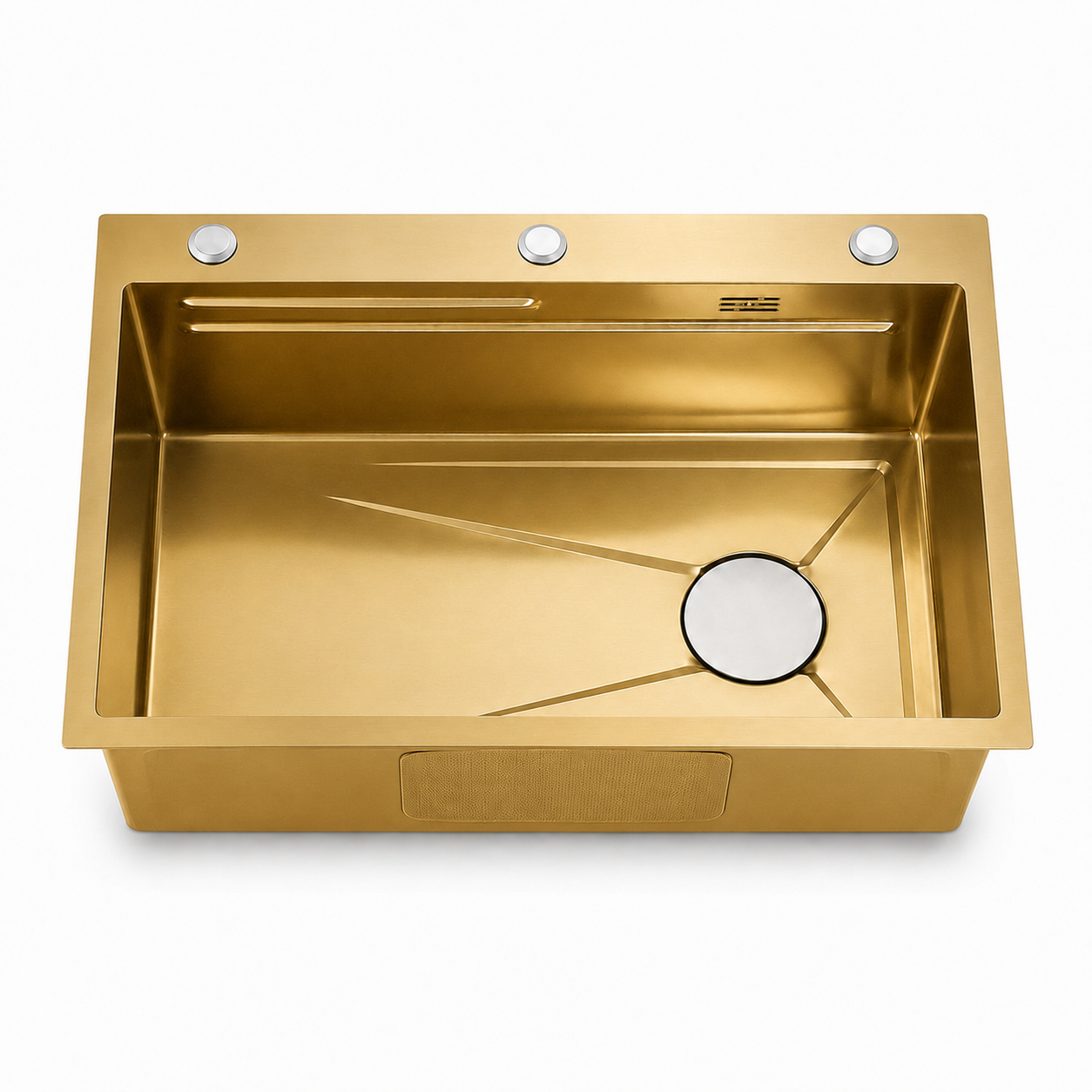 Gold finish single bowl stainless steel kitchen sink with wide rectangular basin, three pre-drilled accessory holes, sloped drainage grooves, and round silver drain cover.