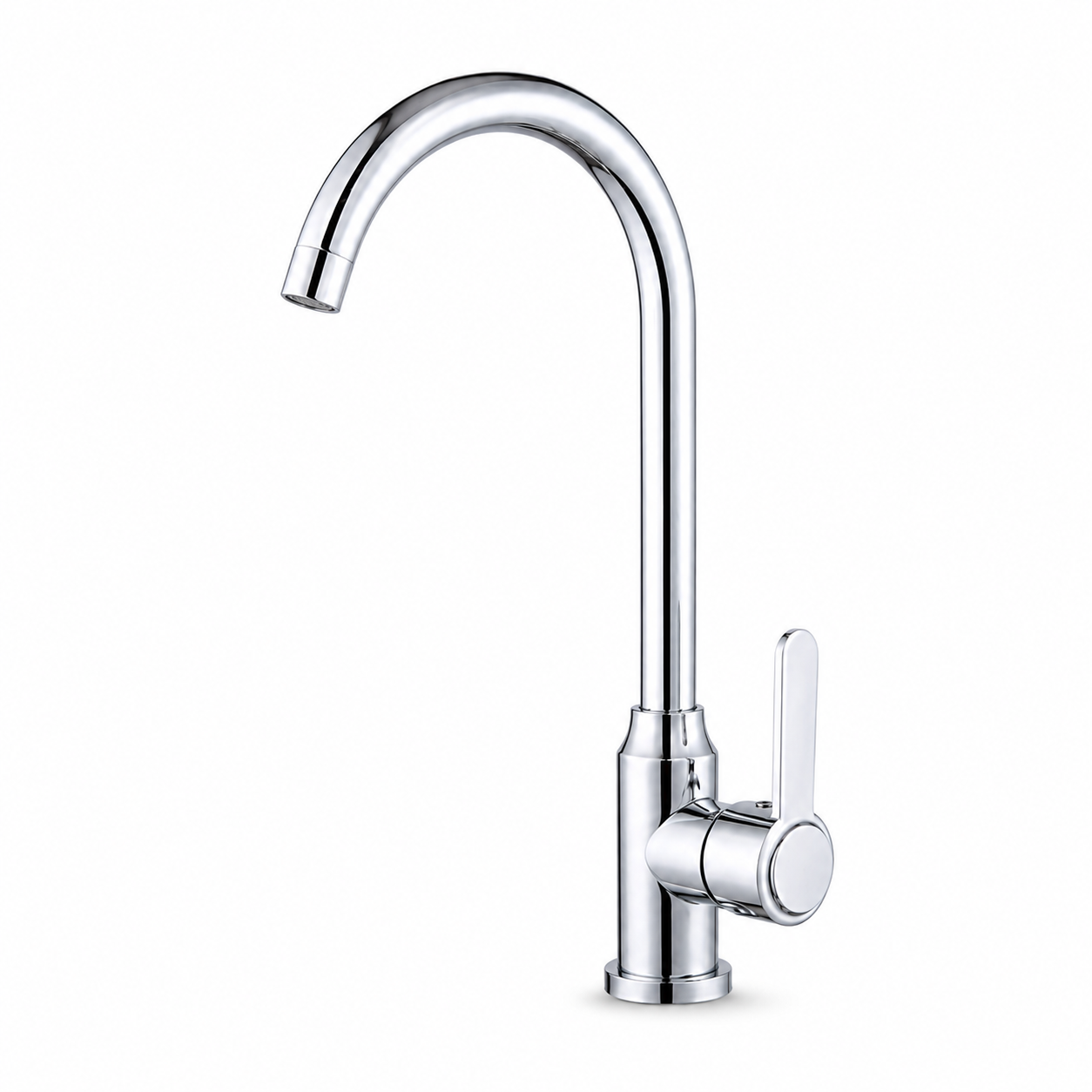Gray high-arc hot and cold kitchen faucet with curved outlet pipe, cylindrical body, and single lever handle for sink deck installation.