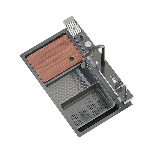 Gray multifunctional workstation kitchen sink with wooden cutting board, perforated drain basket, inner basin, waterfall outlet, high-arc faucet, auxiliary faucet, and rear control rail.