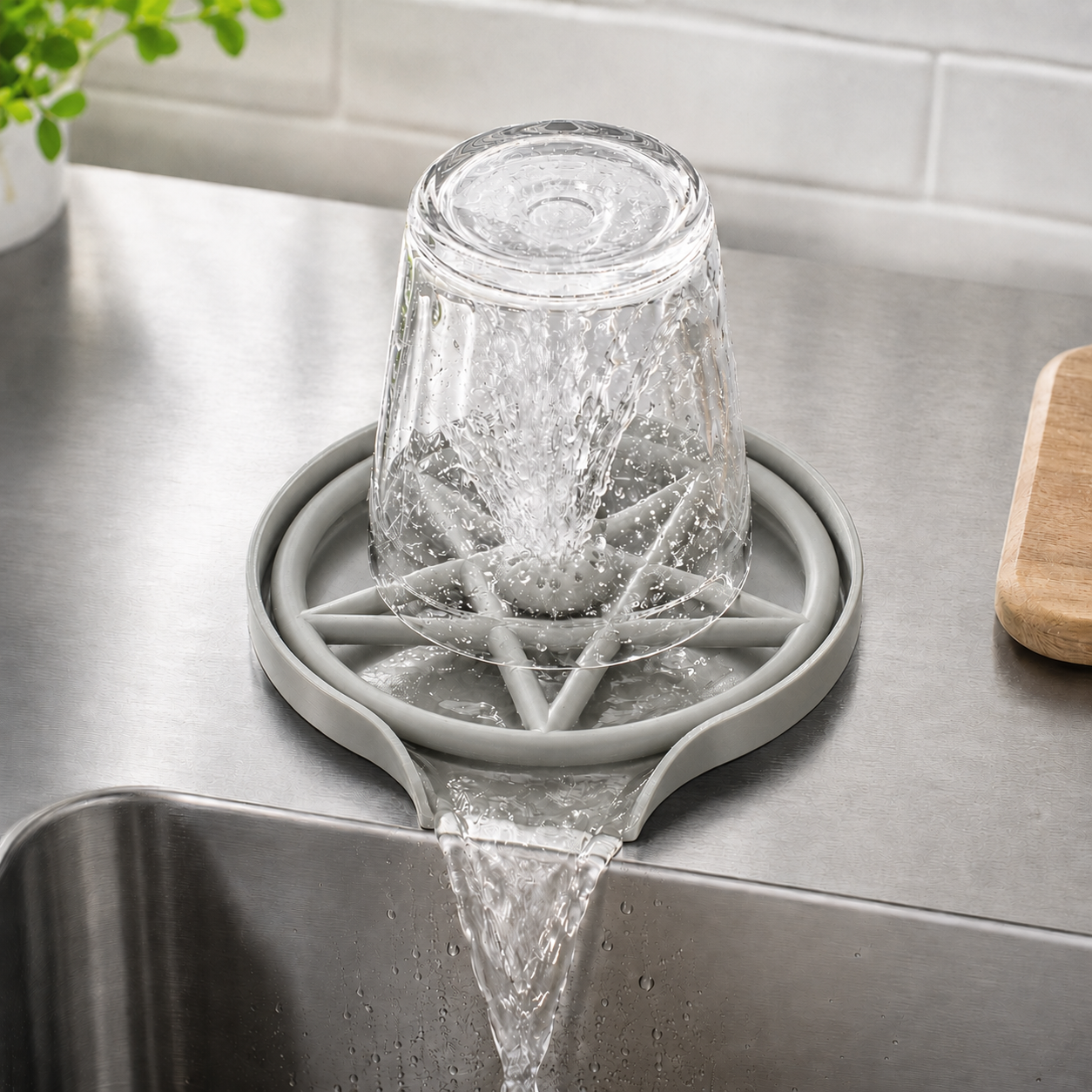 Grey ABS glass rinser installed beside a kitchen sink, rinsing an inverted glass with water flow guided through the front drainage outlet.