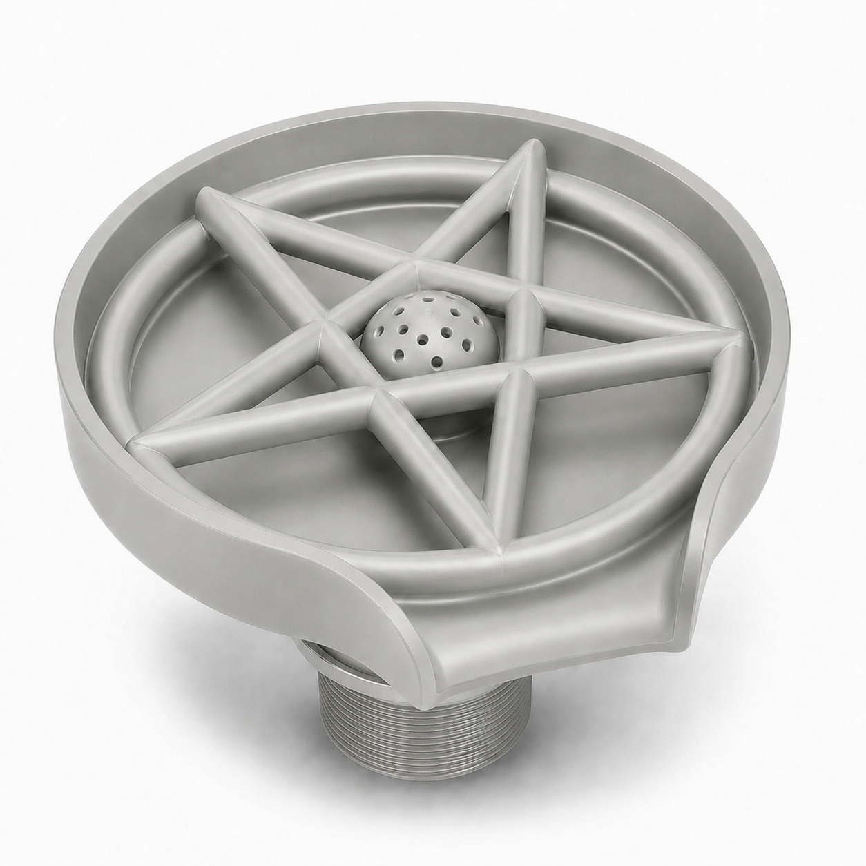 Grey ABS press-type glass rinser with round cup washing basin, center spray head, star support structure, front drain outlet, and threaded connector.