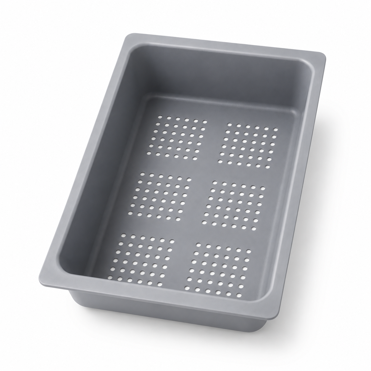 Grey ABS sink strainer basin with raised side walls and grouped round drainage holes, designed for washing vegetables on a stainless steel kitchen sink.