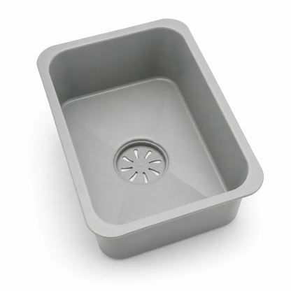 Grey basin-in-basin kitchen sink accessory with rounded edges and centered drain cover.