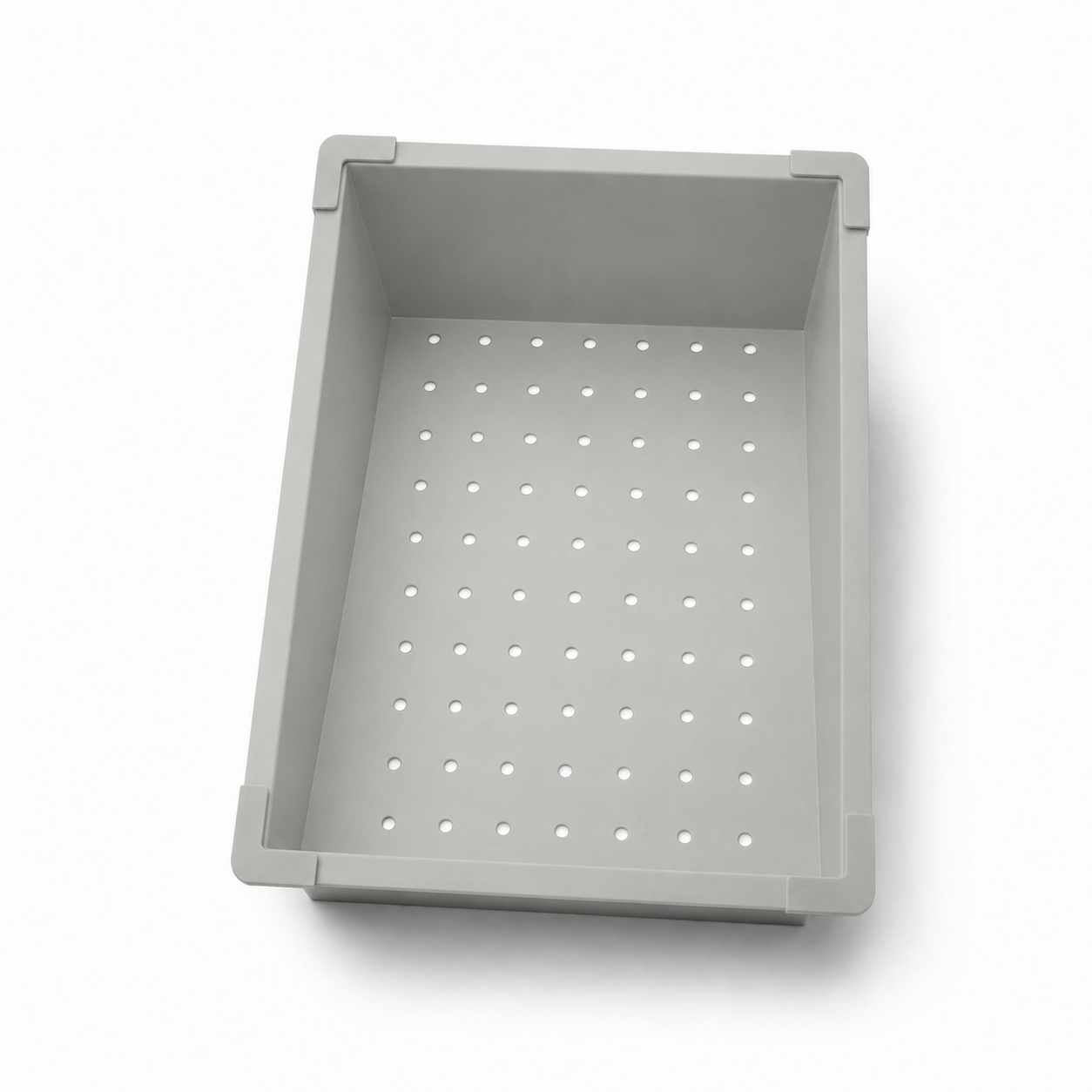 Grey drainer basket for workstation sink shown in front angled view.
