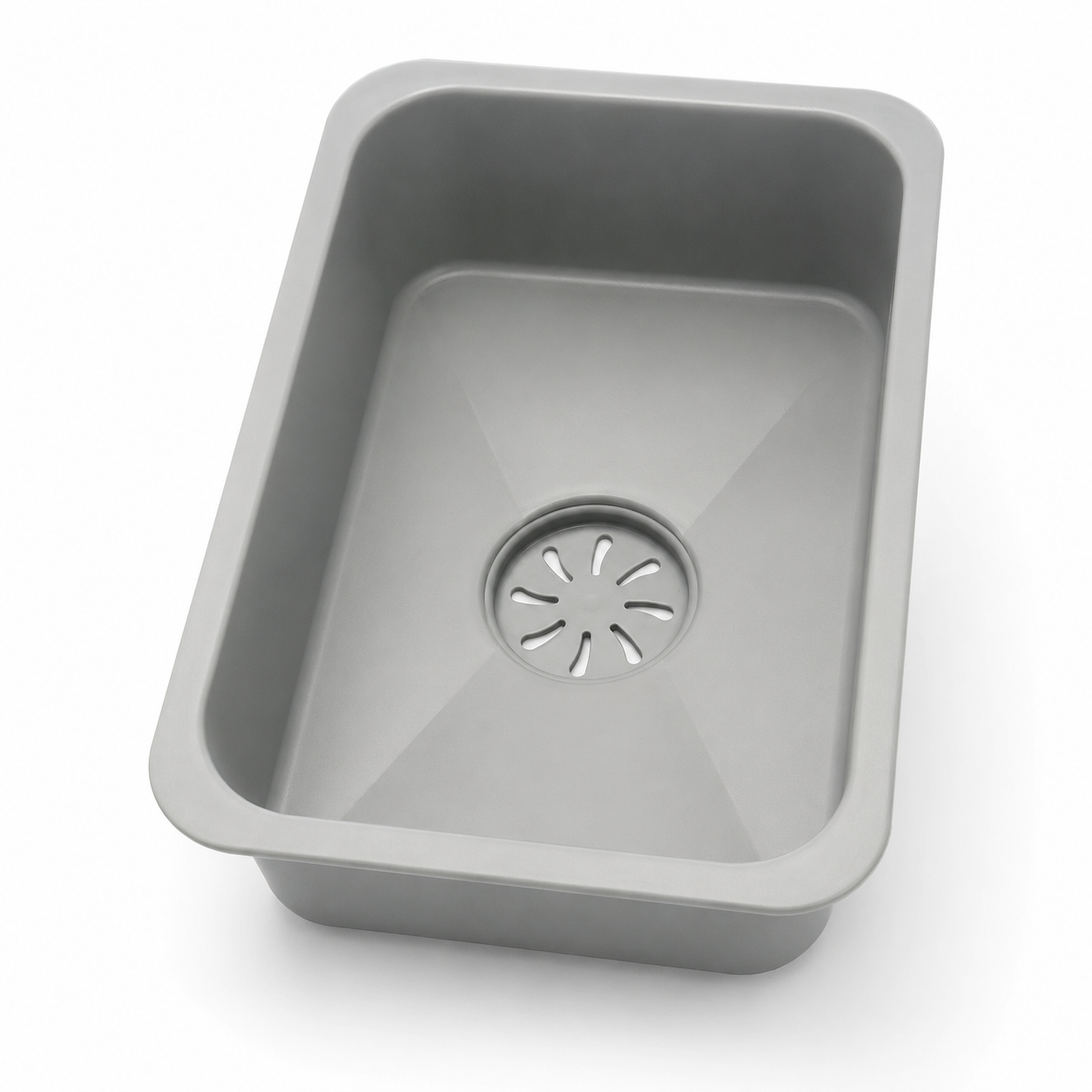 Grey inner basin accessory for multifunctional sink shown in diagonal top view.