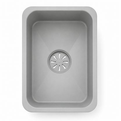 Grey movable sink inner basin designed for workstation sink use, shown in top view with smooth finish.