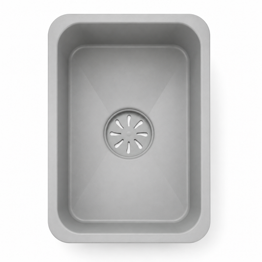 Grey movable sink inner basin designed for workstation sink use, shown in top view with smooth finish.