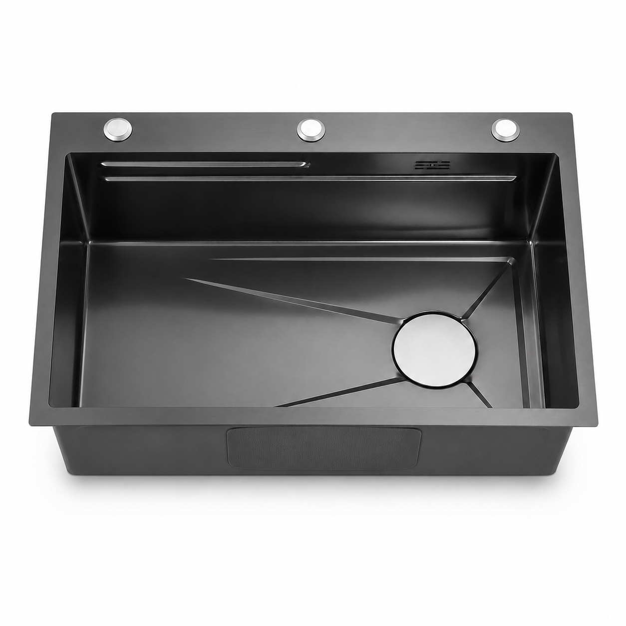 Gunmetal black stainless steel single bowl kitchen sink showing a wide topmount rim, three pre-drilled holes, rear overflow-style opening, sloped basin bottom, and round drain cover.