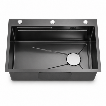 Gunmetal black stainless steel single bowl kitchen sink showing a wide topmount rim, three pre-drilled holes, rear overflow-style opening, sloped basin bottom, and round drain cover.