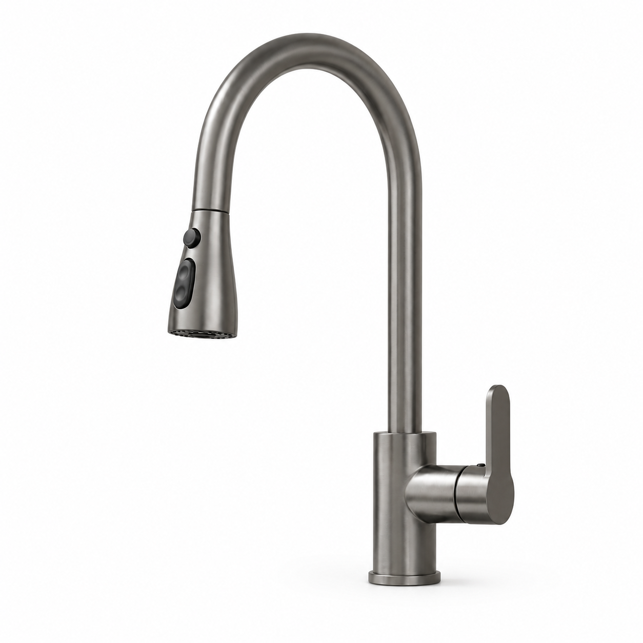 Gunmetal pull-out kitchen faucet with high-arc design, button-controlled spray head, and single side handle for modern kitchen sink use.