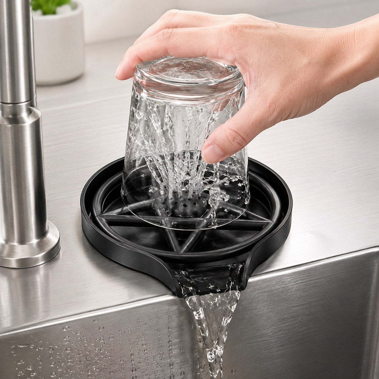 Hand pressing a glass onto a black ABS glass rinser, showing upward water spray inside the cup and drainage flowing into the kitchen sink.