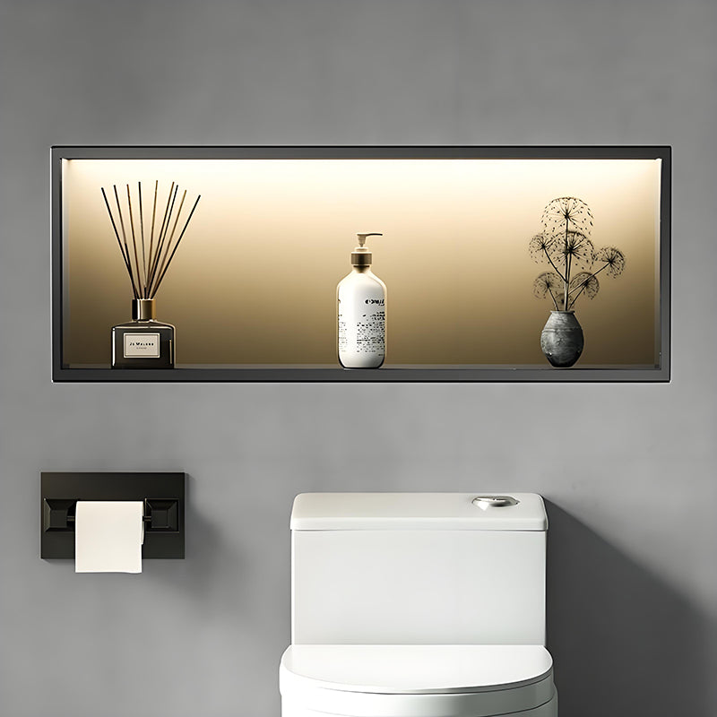 Nicho de parede em aço inoxidável preto personalizado com LED e design de armazenamento embutido (horizontal e vertical) para banheiro.