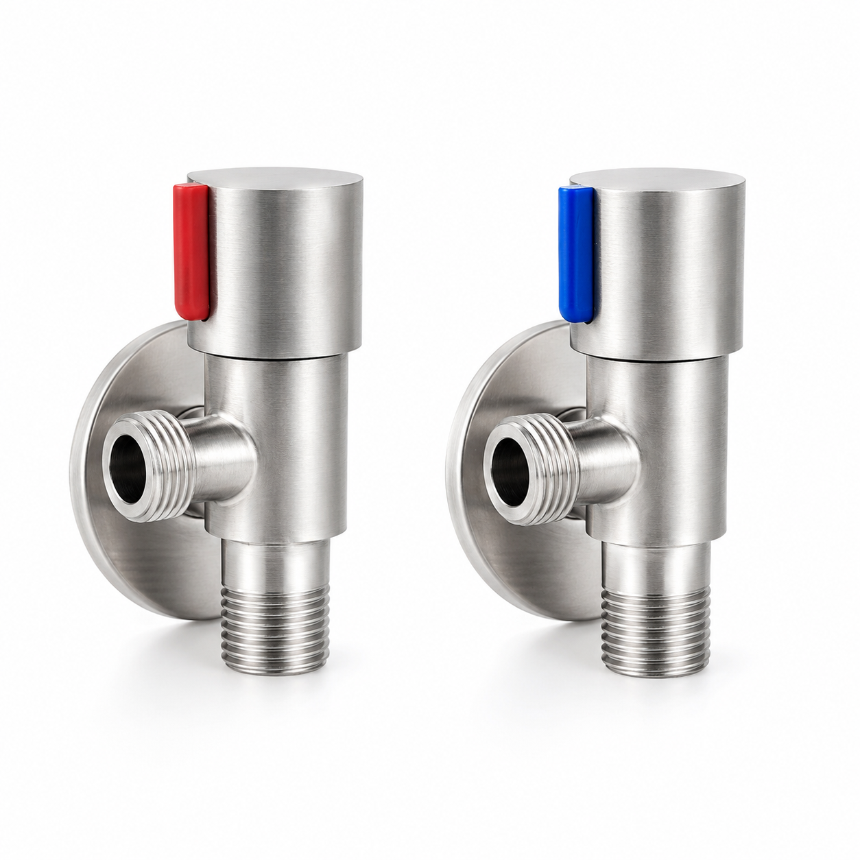 Installed-style product view of stainless steel two-way angle valves with decorative cover plates, red and blue markers, and threaded faucet water supply connections.