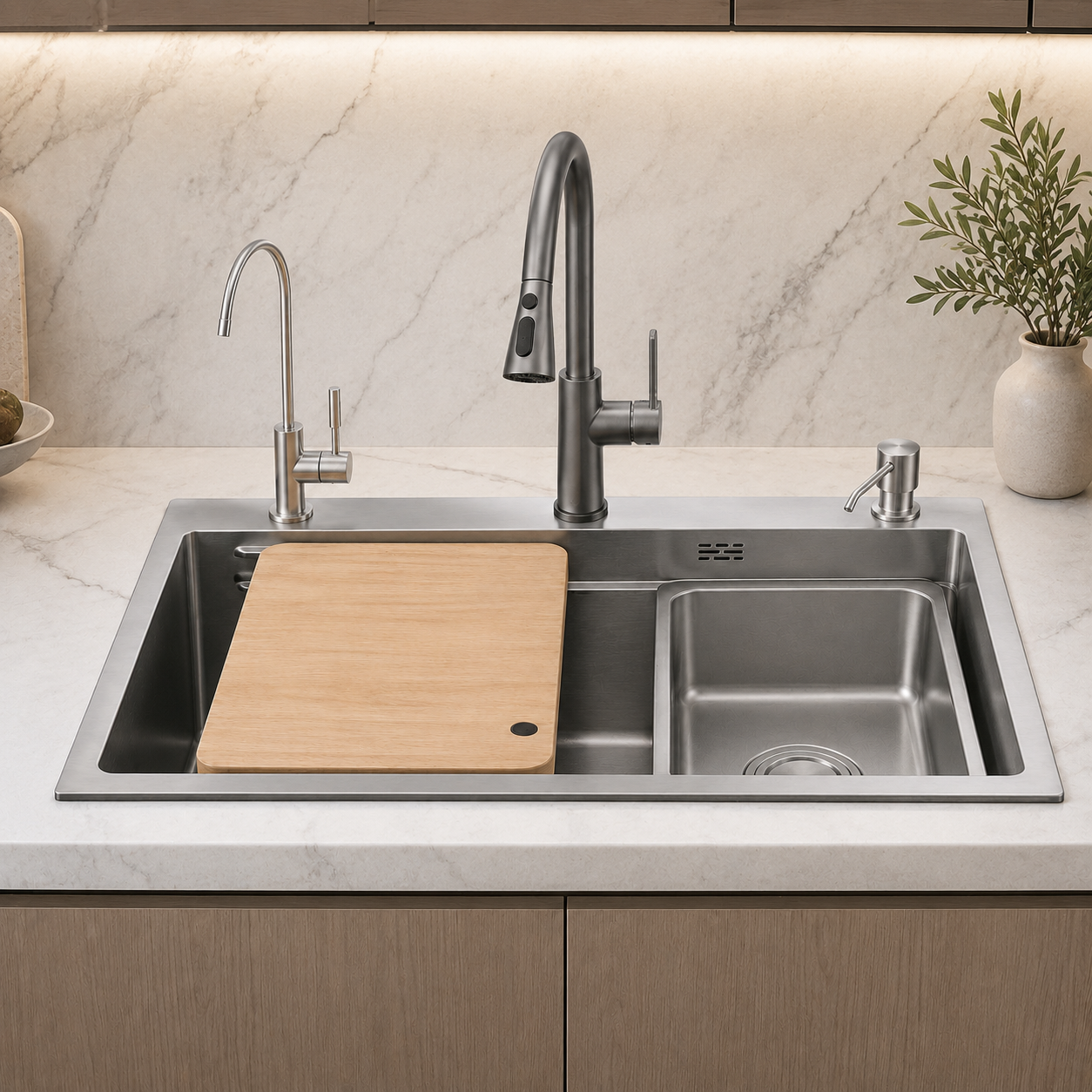 Installed stainless steel workstation kitchen sink in a modern kitchen with faucet, water purifier faucet, soap dispenser, wooden cutting board, and removable inner basin on a marble countertop.