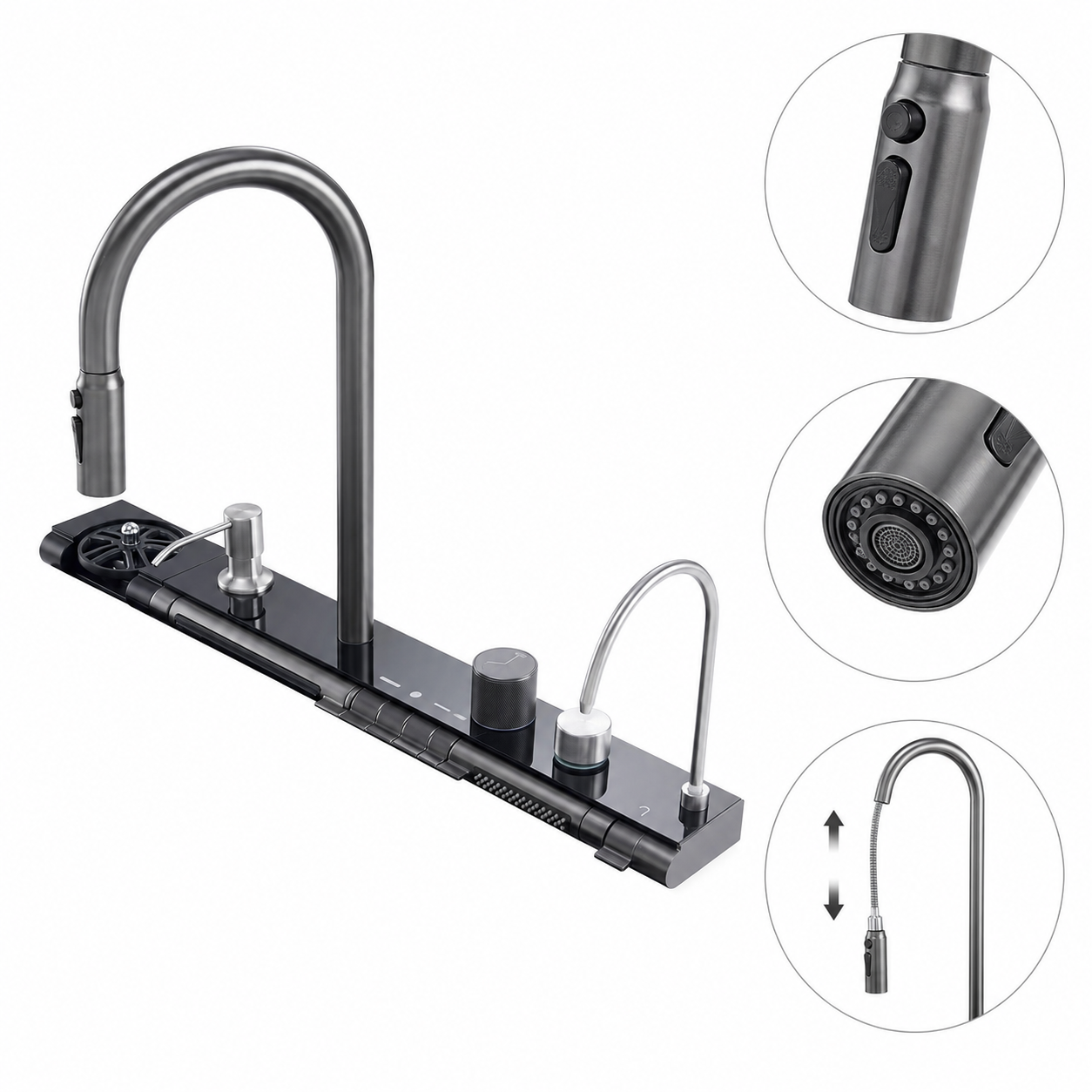 Integrated kitchen faucet console showing pull-out spray head details, button control area, long black sink panel, rotary knob, and auxiliary faucet for multifunction sink use.