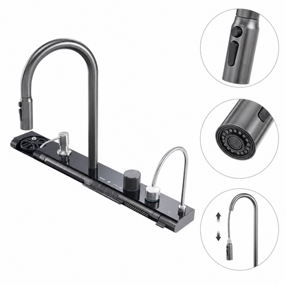 Integrated kitchen faucet console showing pull-out spray head details, button control area, long black sink panel, rotary knob, and auxiliary faucet for multifunction sink use.